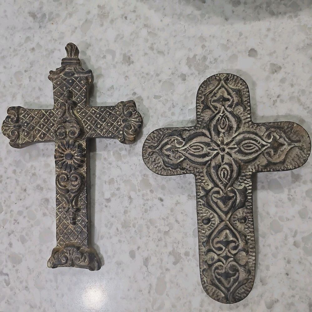 Set of 2 Vintage Faux Stone Resin Wall Hanging Crosses Ornate 10"